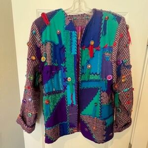 Vintage CRYSTAL Handwoven Art-To-Wear Open Front Fringe Jacket SzM Eclectic Boho